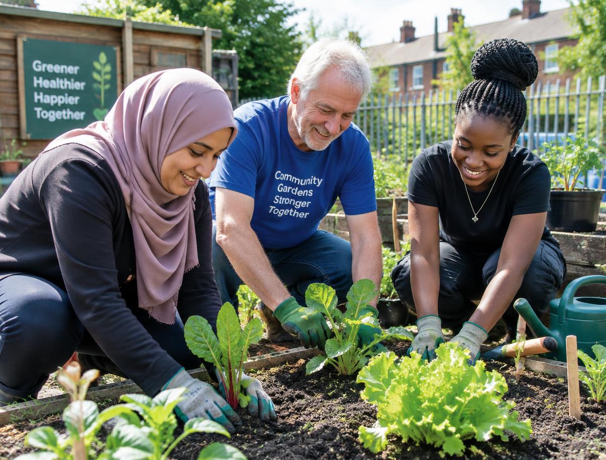 Volunteers planting vegetables in a community garden