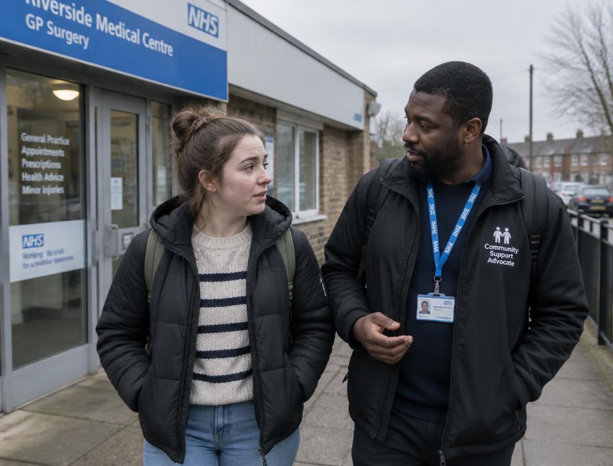 A support worker accompanying a woman to a GP appointment
