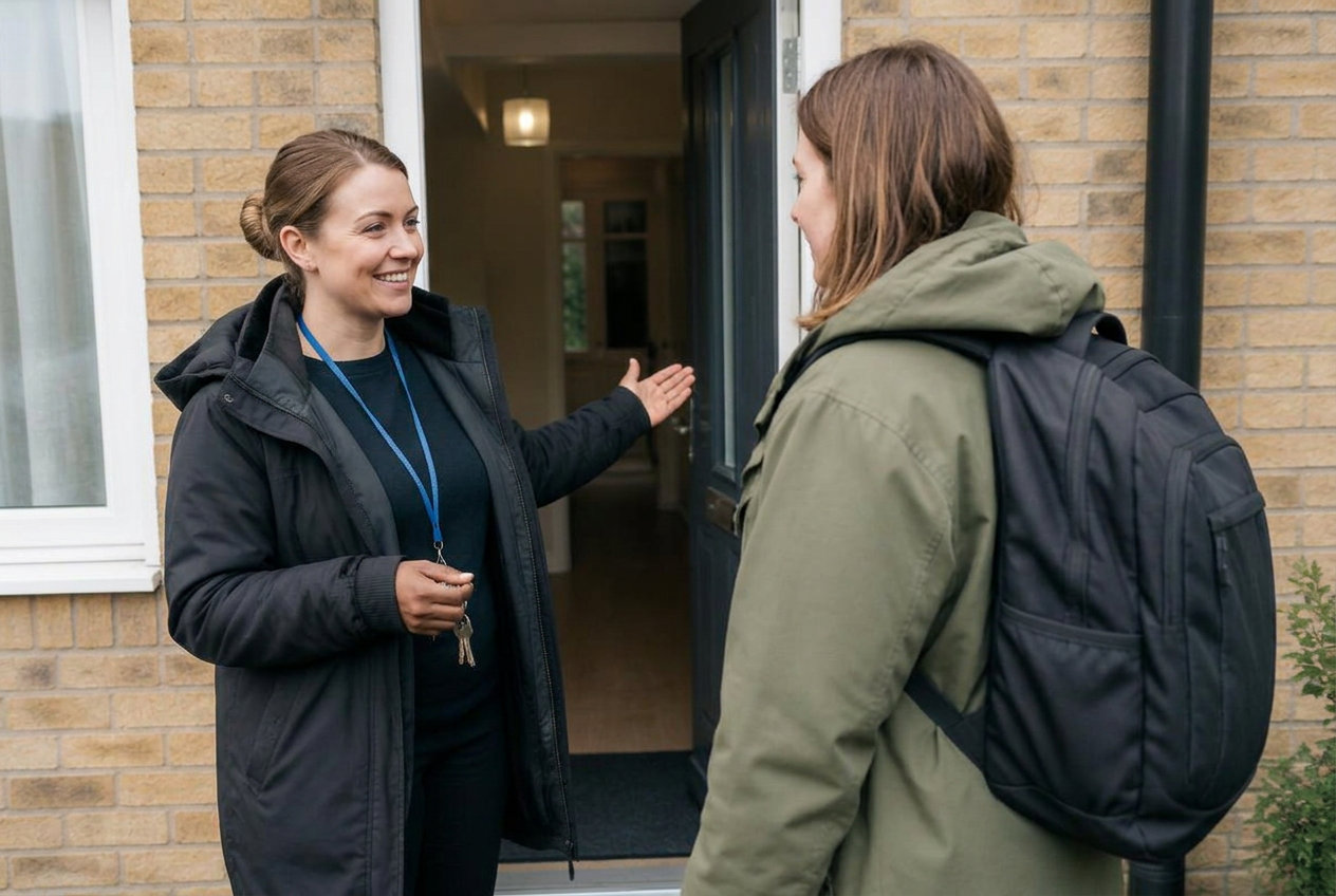 A smiling resident being welcomed to their new home
